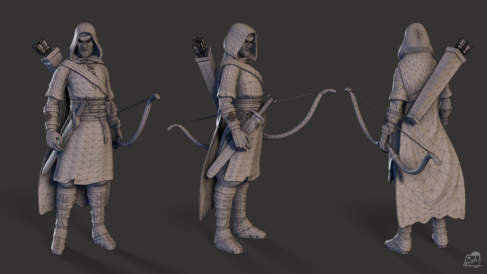Vistas wireframe frontal, lateral y posterior de Idris
